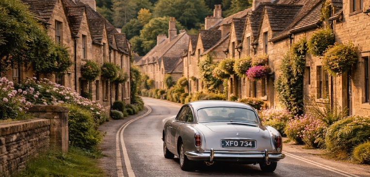 Car driving through Cotswolds village