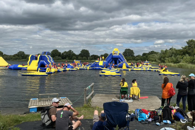 The inflatables at Cotswold Water Park on the lakes